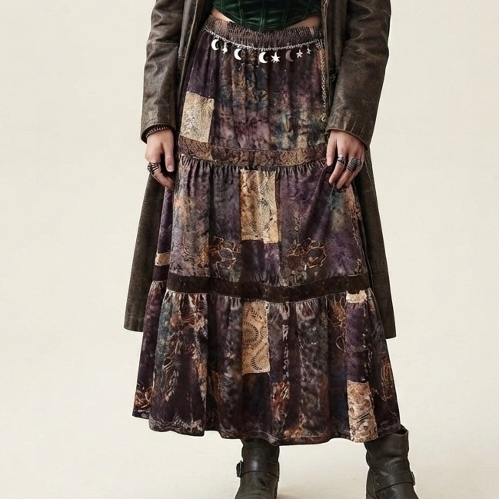 brown Velvet Patchwork Tiered Maxi Skirt Paisley Brown whimsigoth fairy grunge